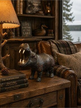 Vintage Mid-Century Leather-Wrapped Hippopotamus- Accent Sculpture